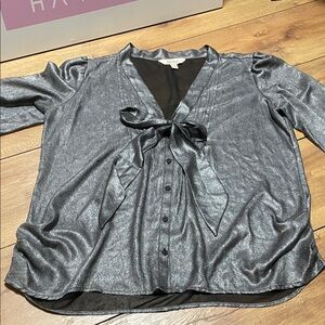 Decree Shimmering Silver Blouse with Bow
